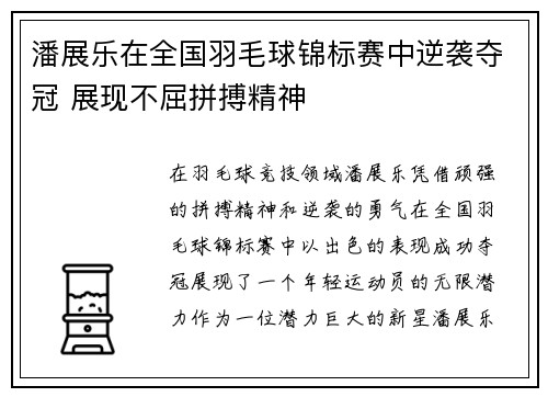 潘展乐在全国羽毛球锦标赛中逆袭夺冠 展现不屈拼搏精神
